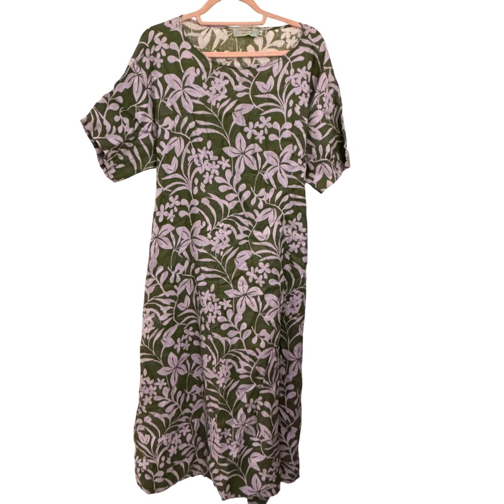 Voyageur by Mersea Linen Floral Midi Dress Womens Medium Green Purple Excellent‎